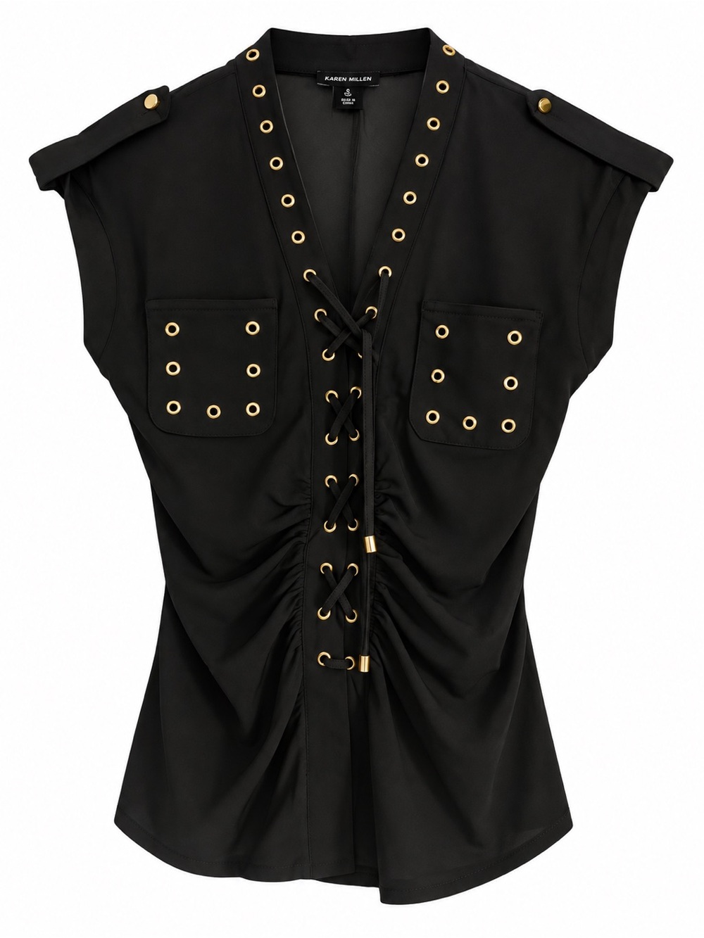Karen Millen Black Lace-Up Cap-Sleeve Blouse with Gold Grommets